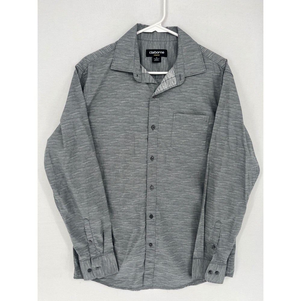 Claiborne Mens Stretch Button Down Shirt Gray Space Dye Cotton Long Sleeve M
